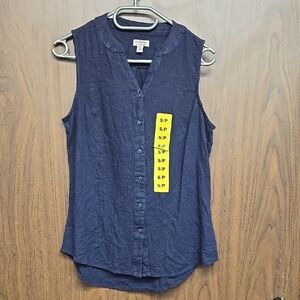 Original Weatherproof Vintage Size S Navy Linen Blend Button Down Sleeveless Top